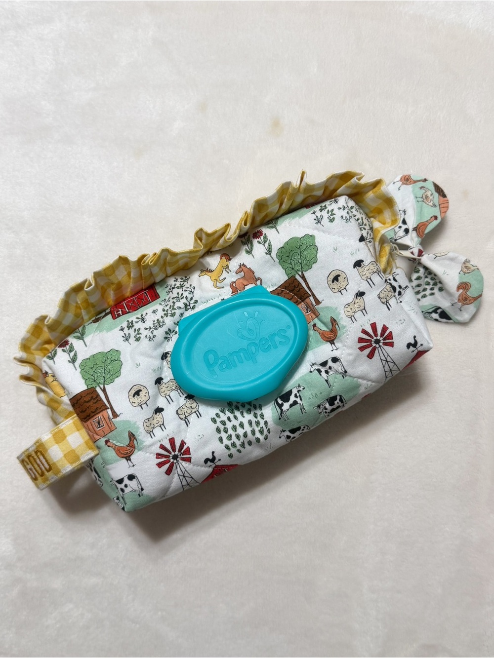 Ruffle Pampers Wipes Pouch in “Child of God” Embroidered Design